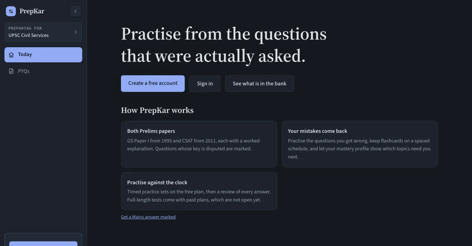 PrepKar’s home page in a web browser: the headline ‘Practise from the questions that were actually asked.’, buttons to create a free account or sign in, and cards explaining how PrepKar works.
