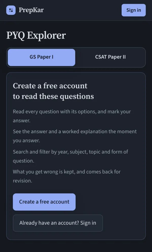 PrepKar’s past-year question explorer on a phone, with tabs for GS Paper I and CSAT Paper II and a prompt to create a free account.